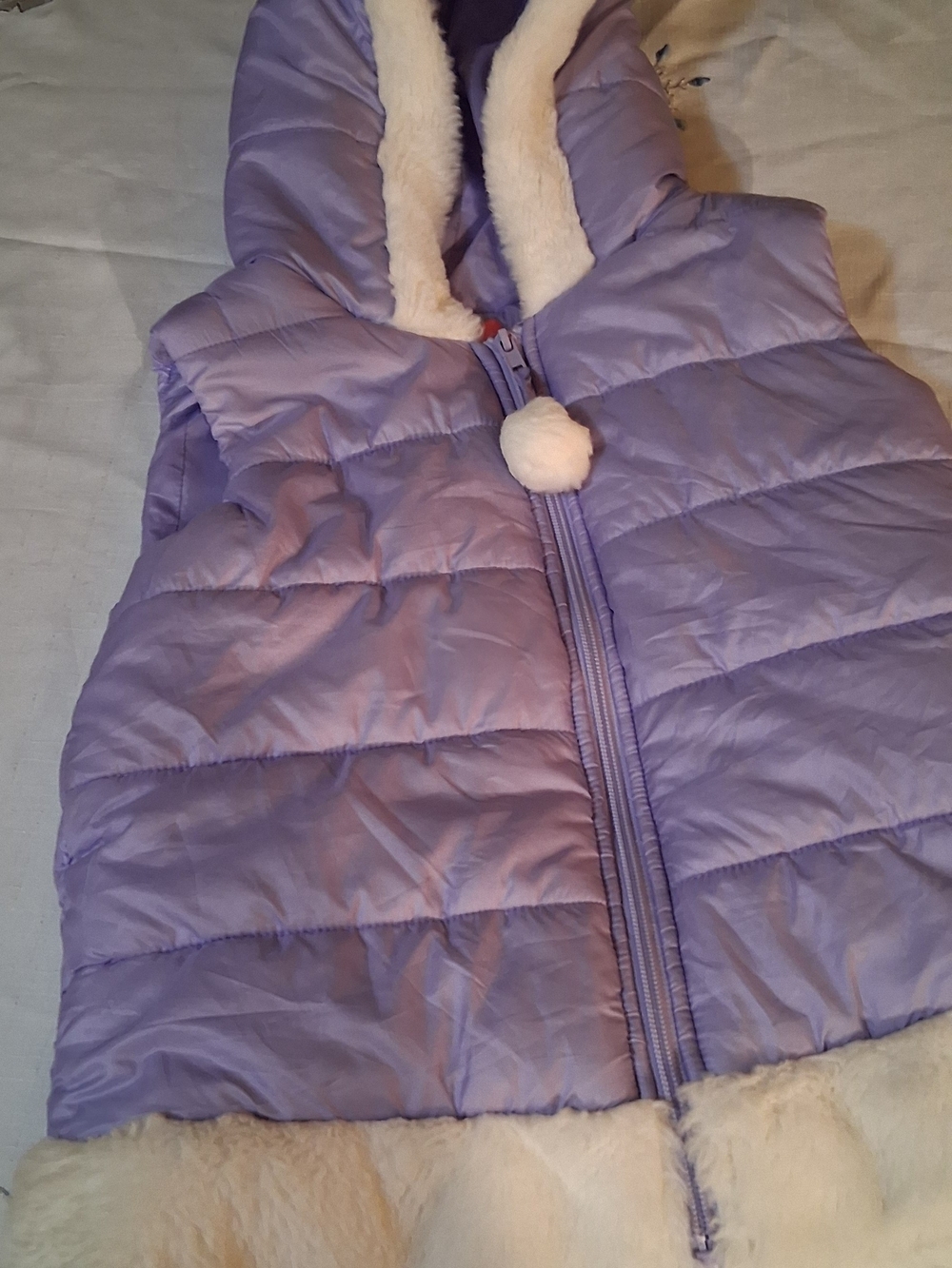 Kids Lavender Puffer Vest with Faux Fur Trim M 260904